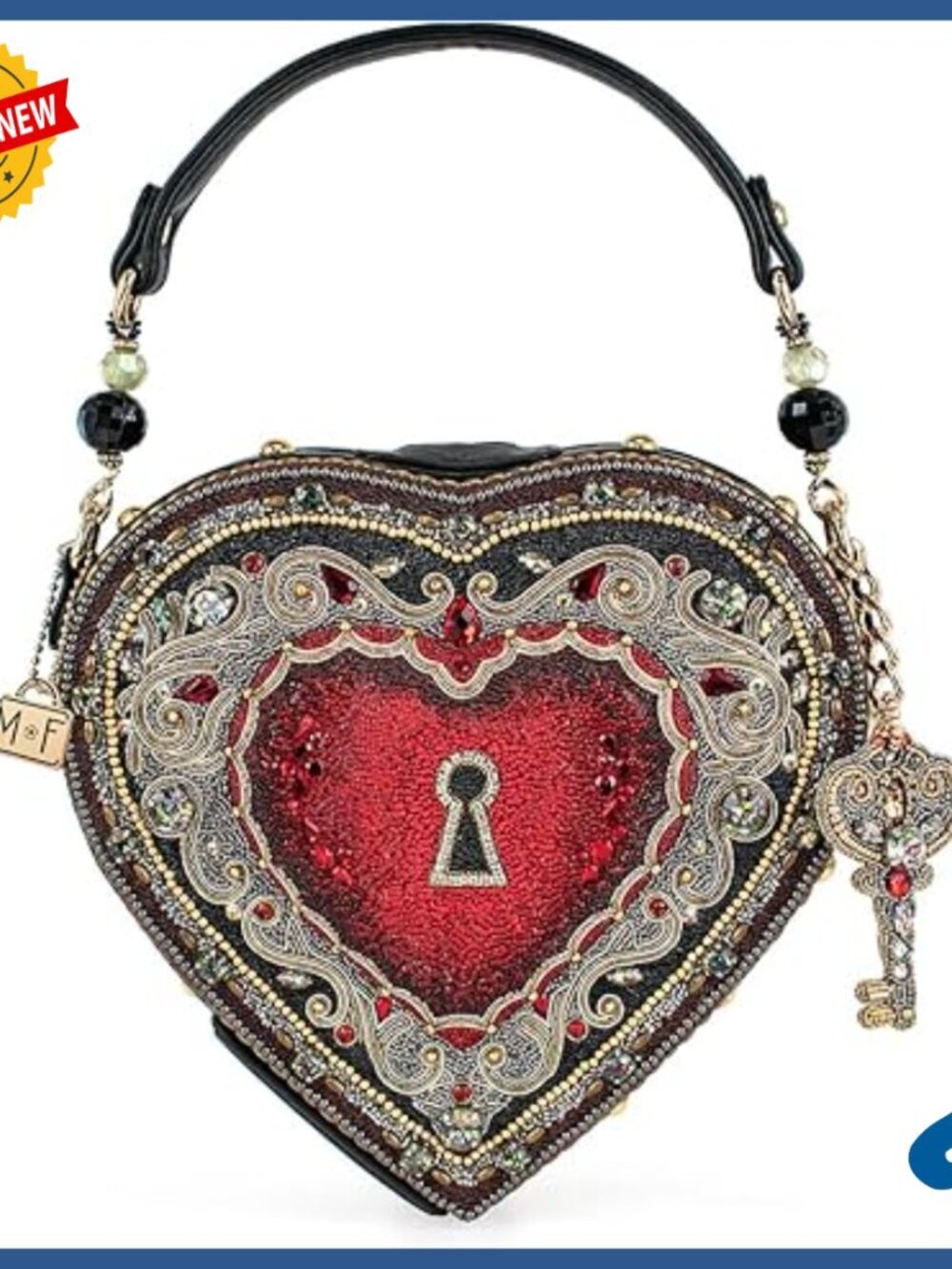 Heart Locket Top Handle Crossbody Bag, Beaded Filigree Design, Removable Strap